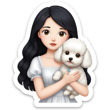 A beautiful girl with long black hair wearing a white dress holds a small white Bichon Frise in her arms sticker