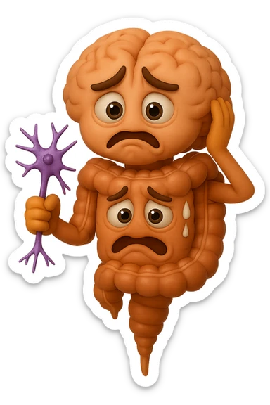 EMOJI STILE IPHONE DI UN INTESTINO collegato verticalmente ad un cervello mentre tiene in mano un neurone, espressione stressata, IPERREALISTICO 4K sticker