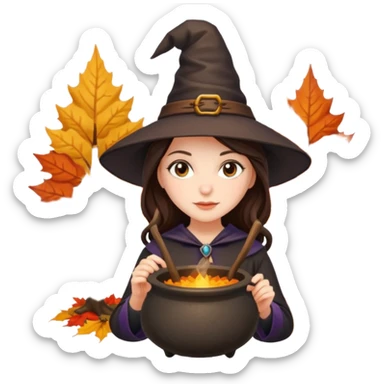 Pretty Brunette Witch outside with a cauldron with autumn leaves on trees  sticker