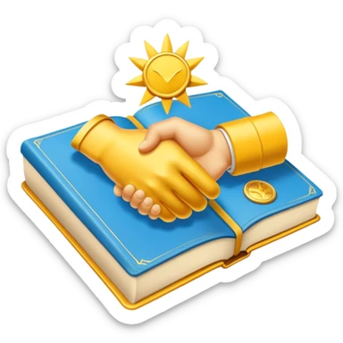 A golden yellow book with sky blue details, smooth texture, and an emblem of a handshake, sunburst, or speech bubble, radiating warmth, charisma, and the power of influence through connection. sticker