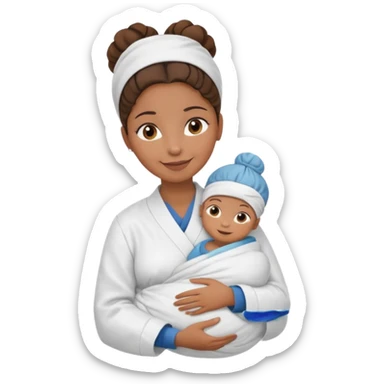 Female nurse smiling with a hair bun on top of head with medium brown skin and brown eyes holding one new born  sticker
