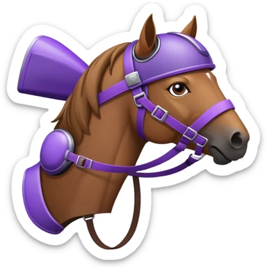 A horse with a purple driver helmet sticker