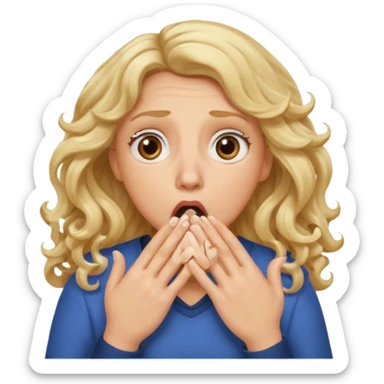 mother with blond long curly hair shocked with hands on her mouth sticker