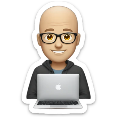 white bald man with glasses uses MacBook sticker