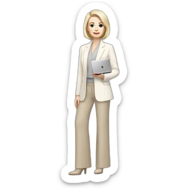 pale skin woman with ash blonde Straightened bob Hair, White Spacious classical jacket, beige palazzo Arrow pants and gray blouse holding a MacBook in the hands sticker