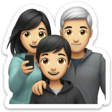Three best friends: one Asian guy, one girl with straight black hair, and one girl with light hair. Making selfie  sticker