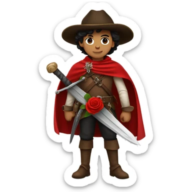 canela skin boy dark hair musketeer with hat and red rose shoulder medieval cape and sword sticker