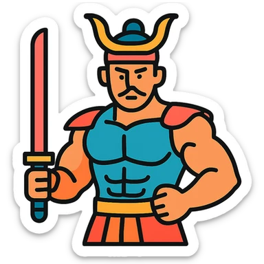 A muscular samurai with black outlines and filled colors sticker