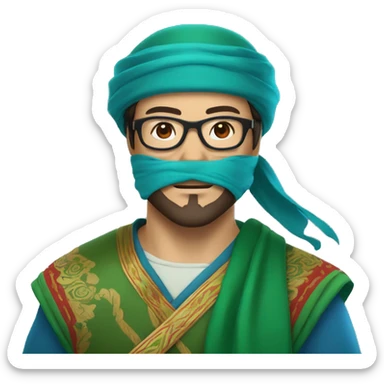 a kazakh man in a green bandana, red blue light blocking glasses, a minor beard and a visible sword carried on his back sticker