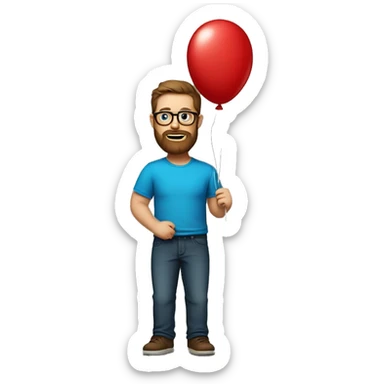 Heavy caucasian young dad, with a blue shirt, with a big brown beard and black rectangle glasses and brown hair he’s holding a red balloon animal  sticker