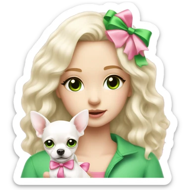 pale blond yt girl with wavy long platinum white hair with bright green eyes holding a white chihuahua puppy that wearing a pink bow sticker