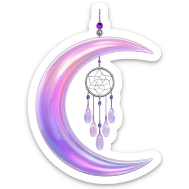 Iridescent shiny transparent pastel purple-pink-indigo-violet crescent-moon-Dreamcatcher hanging from a thread, with gemstones, and beads sticker