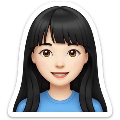 Pale girl with long black hair with bangs, happy sticker