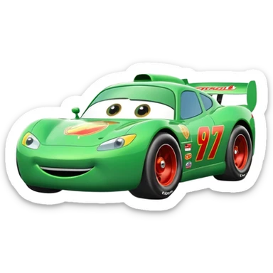 green cartoon race car with big eyes, inspired by Lightning McQueen sticker