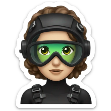 woman large brown hair, black diving mask with a single crystal, green eyes, scubadiving gear sticker