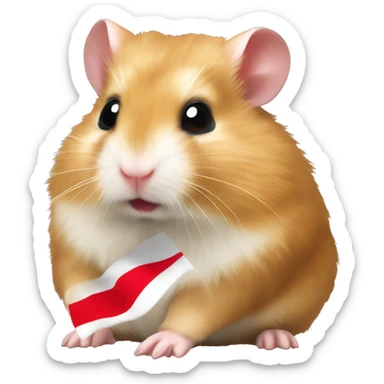 Blonde Syrian hamster with a red historic flag in its mouth almighty sticker