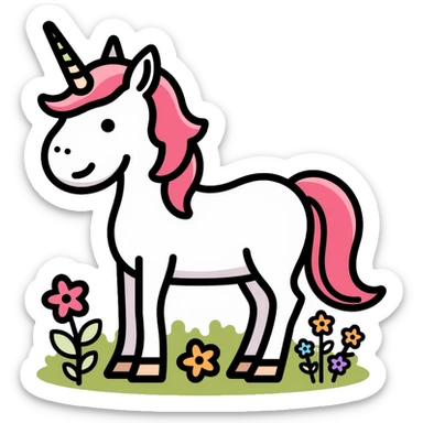 unicorn standing in a field of flowers sticker