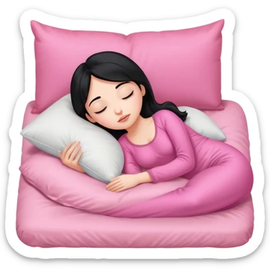 Sleeping on the pillow in bed, beauty hot and pretty Pale girl with medium high black hair wearing sexy pink sleepwears sticker