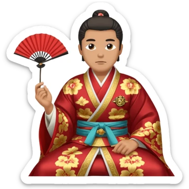 Wealthy warlord in ornate kimono, crest on chest, seated with fan in hand. sticker