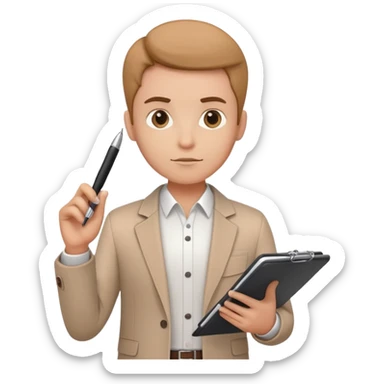 a person holding a checklist and pen, wearing smart casual clothing. The character is in a focused pose sticker