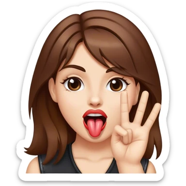 A girl with brown hair shows her tongue and shows rock-n-roll sign sticker