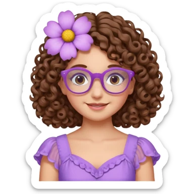 Menina branca de cabelo cachado castanho partido de lado com uma flor no cabelo  e vestido lilás com um óculos rosa claro sticker
