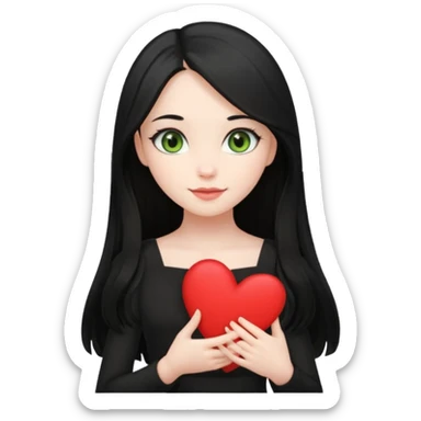 Pale girl with long black hair and olive green eyes soft smile wearing black dress and holding a heart sticker