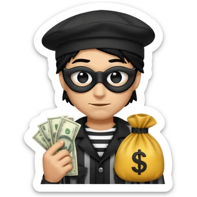 a short ios emoji-style portrait of a classic burglar, a black eye mask and a black-and-white striped shirt. emoji-like hair, black hat, a bag of money 💰 with a dollar sign in a right corner, evil expression  sticker
