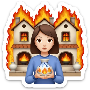 woman holding 2 vases in her hand in front of a burning house sticker