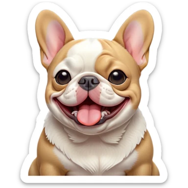 Cinematic Cute Yawning Pied French Bulldog Portrait Emoji, Head tilted with an exaggerated, endearing yawn and sleepy, squinty eyes, showcasing a unique pied fur of contrasting colors with a playful expression, simplified yet irresistibly adorable, highly detailed, glowing with a soft, cozy radiance, high shine, exuding a relaxed, humorous charm, styled with a gentle, soft glowing outline, capturing the essence of a Pied French Bulldog in a blissfully cute yawn that warms the heart! sticker