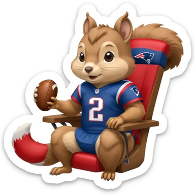 gaming chair with a squirrel sitting on it wearing patriots jersy sticker