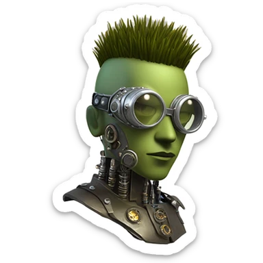 Olive green mohawk cyborg head with silver steampunk goggles, goatee and circuits sticker