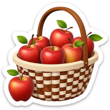 woven basket with apples on a white wooden chair. The basket is lined with checkered cloth, brown sticker
