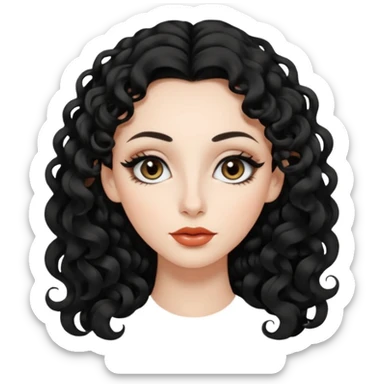 persona mujer con piel clara y rizos suaves color negro y largos  y sin volumen y con delineador en los ojos y con los labios medianos, ojos almendrados y nariz respringada y el fondo blanco sticker