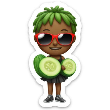 Boy with sunglases and a tutu with a cucumber on its face sticker