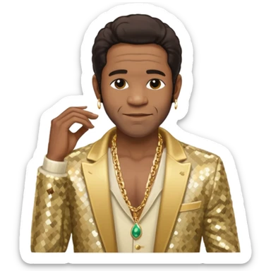 Al Green with dark brown hair, cream sequin jacket, shirtless with necklace sticker