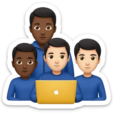 technologist using laptop coding with 2 other technologist color yellow three of it is man  that using 3 laptop the hair is black and the cloth is dark blue sticker