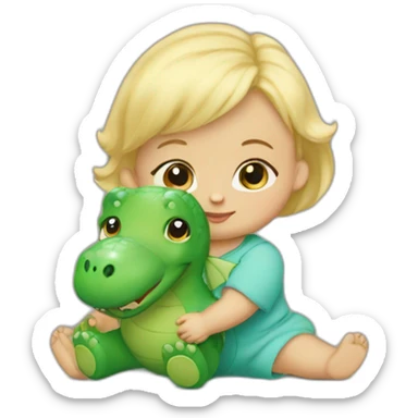 A blond baby girl, 3 months old, holding a green dino teddy bear  sticker
