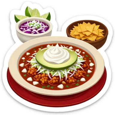 hot pozole rojo with steam, hominy, and sides: onions, shredded cabbage, lime wedges, red chile de arbol salsa, and tostadas lightly smeared with sour cream sticker