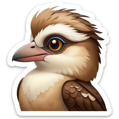 Cinematic Noble Kookaburra Portrait Emoji, Poised and regal, with a stout, robust build and a striking plumage of earthy browns and creams, a strong beak and deep-set soulful eyes, Simplified yet sharp and sophisticated features, highly detailed, glowing with a soft, dignified glow, high shine, intelligent and exuberant, stylized with an air of native woodland majesty, focused and attentive, soft glowing outline, capturing the essence of a watchful and confident bird, so majestic it feels as though it could laugh out of the screen with effortless authority! sticker