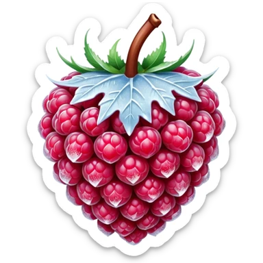 frozen raspberry single or small cluster, deep red to pink, covered in fine frosty ice crystals, matte textured surface, plump and intact, visible frozen detail, clean 3D rendering, soft lighting, subtle shadows, transparent background, emoji scale, optimized for clarity and frosty freshness sticker