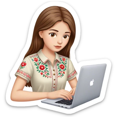 A Ukrainian girl with brown hair in an embroidered shirt works at her laptop sticker