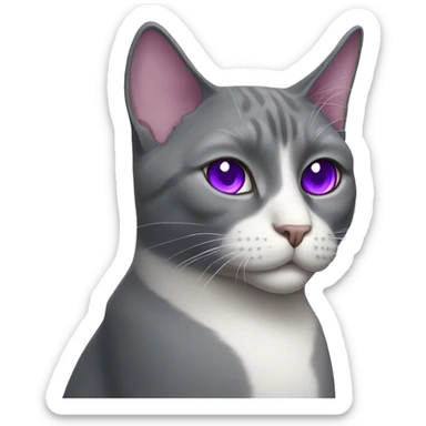 Grey tuxedo cat with one purple eye sticker