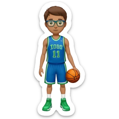 full body white male basketball player with brown hair wearing glasses in blue an green uniform sticker