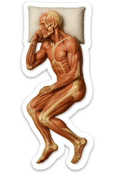 corpo umano anatomico CON TESTA SUL CUSCINO PERCHé STA DORMENDO, VISTO DALL'ALTO, iperrealistico 4k sticker