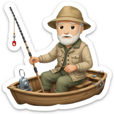 an old white haired, bearded man in fisherman attire, sat in a big boat on the ocean, casting a fishing line into the water sticker