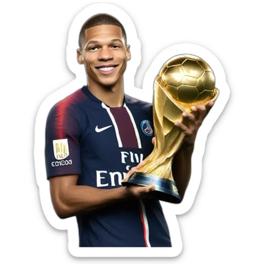 Mbappé holding champions league that he won with psg sticker