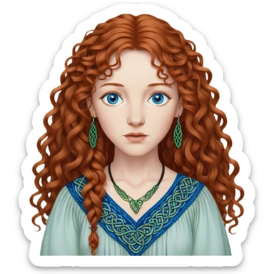 a detailed portrait of loreena mckennitt, focusing on her upper half. she has long, curly auburn hair, fair skin, and piercing blue eyes. wearing a flowing blouse with Celtic-inspired embroidery, highlights her serene and contemplative expression sticker
