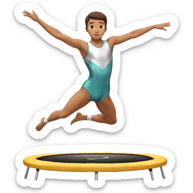 An athletic person soaring high above a trampoline, executing an acrobatic flip with perfect form. The scene captures motion and energy, with a dynamic pose, stretched limbs, and a focused expression. The background suggests a professional trampoline arena with safety padding. sticker