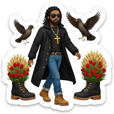 African American man with shoulder length black dreadlocks with black beard wearing black sunglasses wearing a black bubble winter coat wearing denim skinny jeans wearing wheat timberland boots walking with a dove and African American Jesus Christ behind him sticker